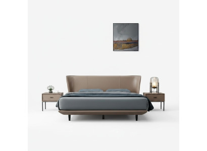 Lit double avec cadre en bois de designer en imitation cuir beige.