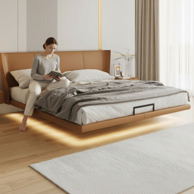 Lit mural marron Designer Chambre Mobilier Cadre en bois Lit en similicuir