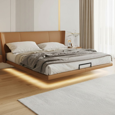 Lit mural marron Designer Chambre Mobilier Cadre en bois Lit en similicuir