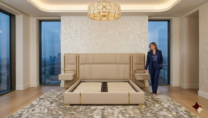 Chambre beige Lit double avec grand tête de lit Lits en bois design