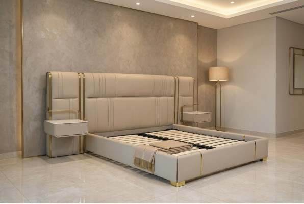Chambre beige Lit double avec grand tête de lit Lits en bois design