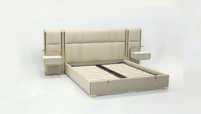 Chambre beige Lit double avec grand tête de lit Lits en bois design