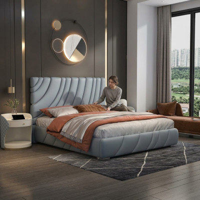 Lit double en similicuir gris Lit moderne en acier inoxydable de luxe Cadre en bois de luxe
