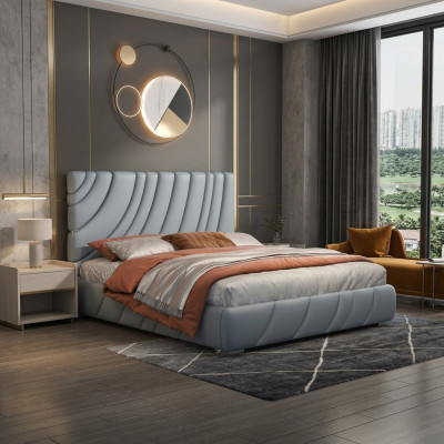 Lit double en similicuir gris Lit moderne en acier inoxydable de luxe Cadre en bois de luxe