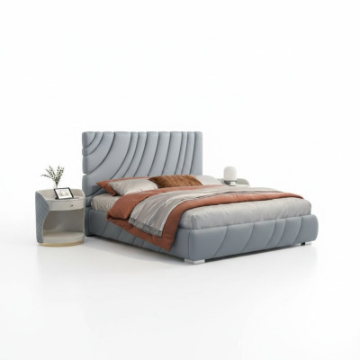 Lit double en similicuir gris Lit moderne en acier inoxydable de luxe Cadre en bois de luxe