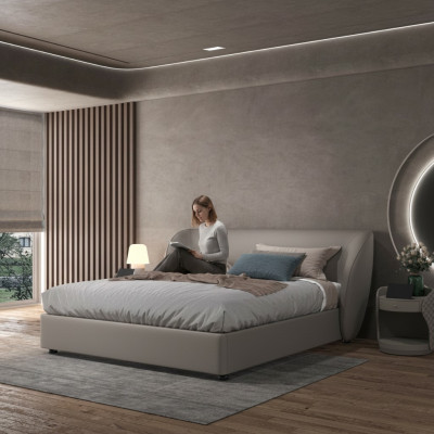 Chambre double de designer grise - lits en textile et en bois, lits en cuir.