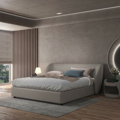 Chambre double de designer grise - lits en textile et en bois, lits en cuir.