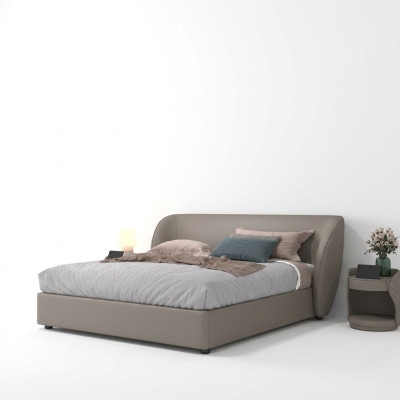 Chambre double de designer grise - lits en textile et en bois, lits en cuir.