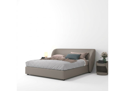 Chambre double de designer grise - lits en textile et en bois, lits en cuir.