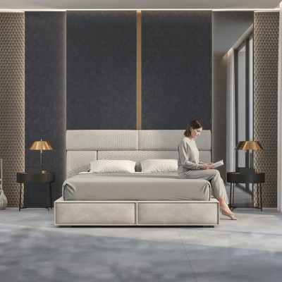 Lit double gris, lits design, mobilier de chambre à coucher, lit en cuir, cadre en bois.