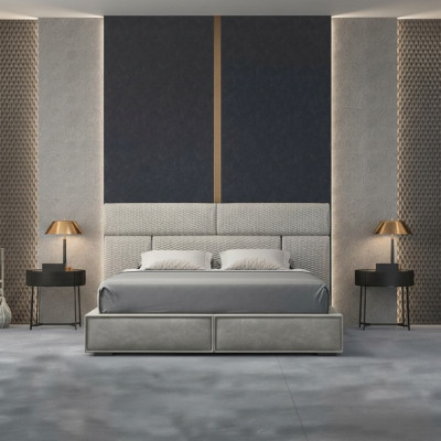 Lit double gris, lits design, mobilier de chambre à coucher, lit en cuir, cadre en bois.