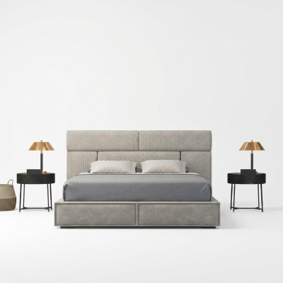 Lit double gris, lits design, mobilier de chambre à coucher, lit en cuir, cadre en bois.