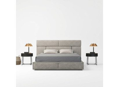 Lit double gris, lits design, mobilier de chambre à coucher, lit en cuir, cadre en bois.