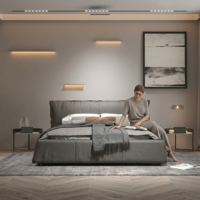 Chambre grise Lit Designer Lit double Cadre en bois Nouveau lit en cuir