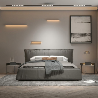 Chambre grise Lit Designer Lit double Cadre en bois Nouveau lit en cuir