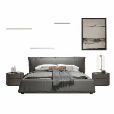 Chambre grise Lit Designer Lit double Cadre en bois Nouveau lit en cuir