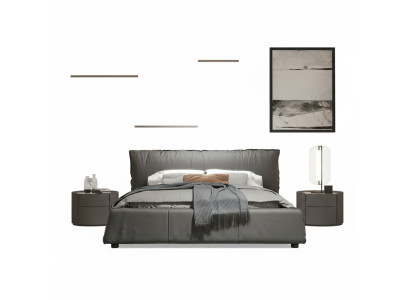Chambre grise Lit Designer Lit double Cadre en bois Nouveau lit en cuir