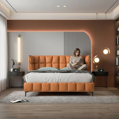 Lit double orange Mobilier de chambre à coucher Textile Lits Cadre en bois Élégant