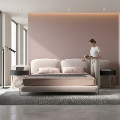 Grande chambre beige Lit double Designer Large tête de lit en textile