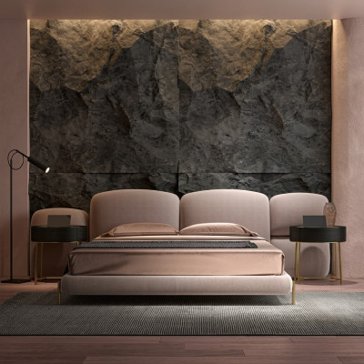 Grande chambre beige Lit double Designer Large tête de lit en textile