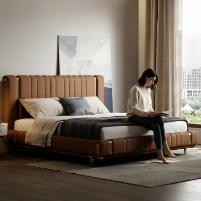 Lit double marron de luxe chambre à coucher Lit moderne Cadre en bois