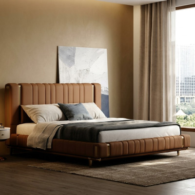 Lit double marron de luxe chambre à coucher Lit moderne Cadre en bois