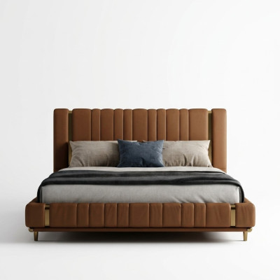 Lit double marron de luxe chambre à coucher Lit moderne Cadre en bois