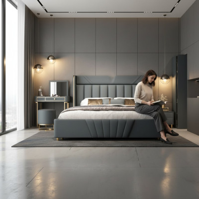 Chambre Grise Lit Meubles de Designer Matériaux de Luxe Cadre en Bois