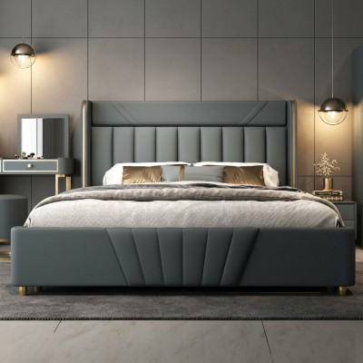 Chambre Grise Lit Meubles de Designer Matériaux de Luxe Cadre en Bois