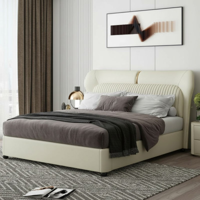 Lit en acier inoxydable blanc moderne Lit de luxe en bois de cadre de chambre à coucher nouveau