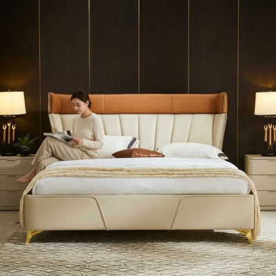 Chambre Beiges Lit double Lits en cuir Cadre en bois Mobilier textile