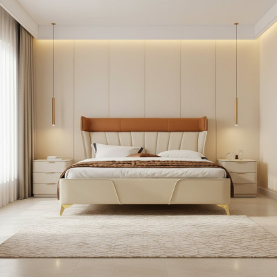 Chambre Beiges Lit double Lits en cuir Cadre en bois Mobilier textile