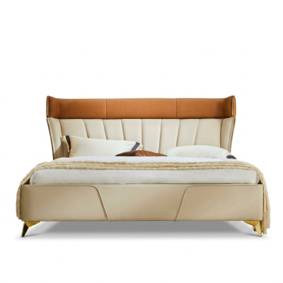 Chambre Beiges Lit double Lits en cuir Cadre en bois Mobilier textile