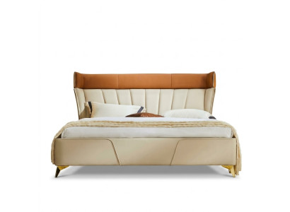 Chambre Beiges Lit double Lits en cuir Cadre en bois Mobilier textile
