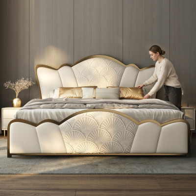 Mobilier de chambre à coucher l Lit double blanc élégant l Lits en cuir moderne
