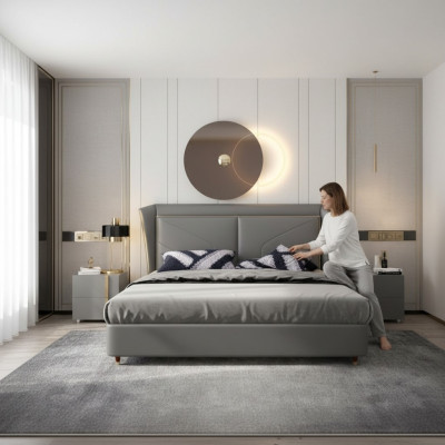 Chambre grise Lit double Lits design Cadre en bois Lits en cuir