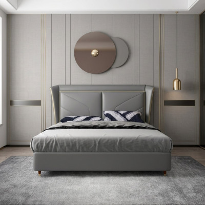 Chambre grise Lit double Lits design Cadre en bois Lits en cuir