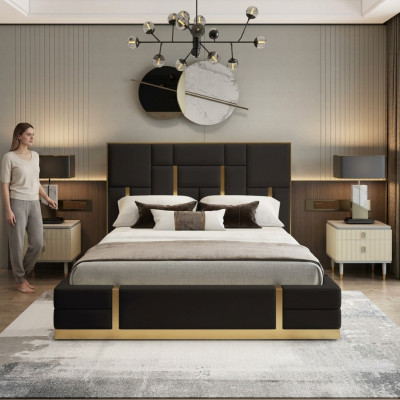 Chambre noire Lit Designer en bois Lit double de luxe en acier inoxydable