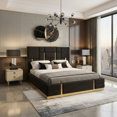 Chambre noire Lit Designer en bois Lit double de luxe en acier inoxydable
