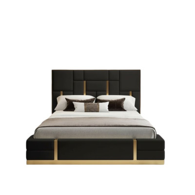 Chambre noire Lit Designer en bois Lit double de luxe en acier inoxydable