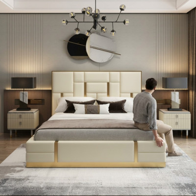 Lit double blanc Chambre de luxe Cadre en bois de designer en acier inoxydable