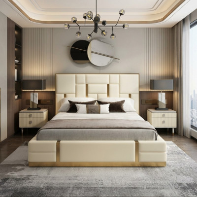 Lit double blanc Chambre de luxe Cadre en bois de designer en acier inoxydable