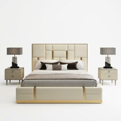 Lit double blanc Chambre de luxe Cadre en bois de designer en acier inoxydable
