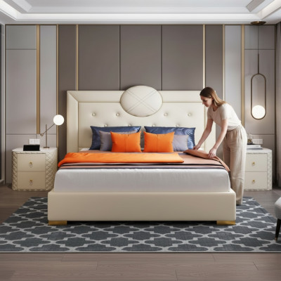 Grande chambre blanche Lit double Cadre en bois de designer Lit moderne
