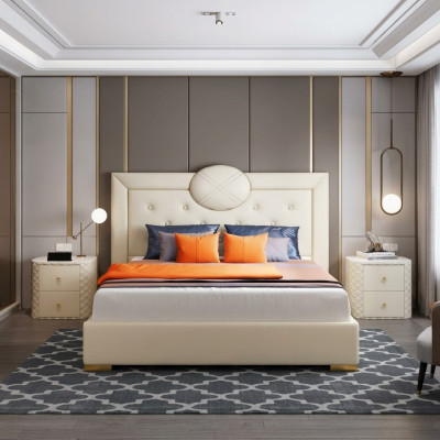 Grande chambre blanche Lit double Cadre en bois de designer Lit moderne