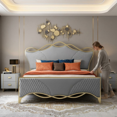 Chambre élégante Lit Designer Lit double en cuir synthétique Cadre en bois