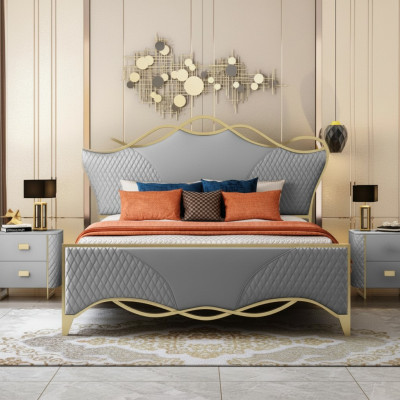 Chambre élégante Lit Designer Lit double en cuir synthétique Cadre en bois