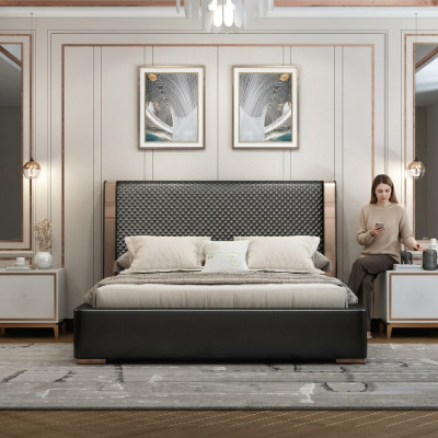 Chambre Lits Lit en cuir gris Mobilier moderne Lits à cadre en bois