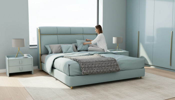 Chambre bleue Lit double Lits de designer Cadre en bois Meubles de luxe