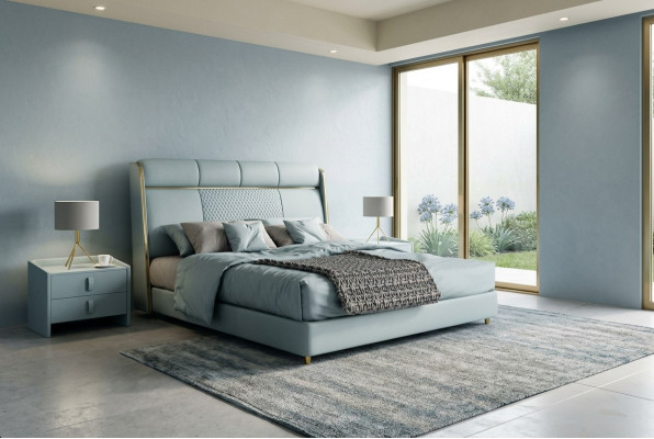 Chambre bleue Lit double Lits de designer Cadre en bois Meubles de luxe